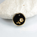 Glass Engraved Intaglio Flower Pendant with Chaton Insert - Round 12MM JET with GOLD