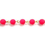 Linked Bead Chain Rosary Style with Glass Pressed Bead - Round 6MM MATTE NEON PINK-Brass