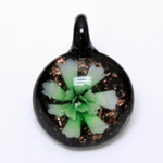 Glass Lampwork Pendant - 33mm Round Flower GREEN with GOLDSTONE on BLACK