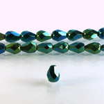 Czech Glass Fire Polish Bead - Pear 08x6MM Full Coated IRIS GREEN