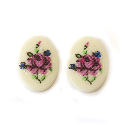 German Plastic Porcelain Decal Painting - PETIT POINT, Cross Stitch Look -Flower Oval 18x13MM PURPLE Rose ON WHITE BASE