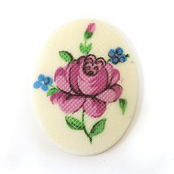 German Plastic Porcelain Decal Painting - PETIT POINT, Cross Stitch Look -Flower Oval 40x30MM PURPLE Rose ON WHITE BASE