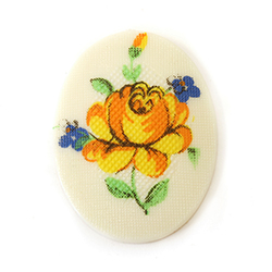 German Plastic Porcelain Decal Painting - PETIT POINT, Cross Stitch Look -Flower Oval 40x30MM YELLOW Rose ON WHITE BASE