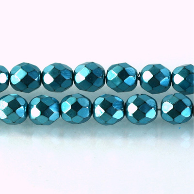 Czech Glass Pearl Faceted Fire Polish Bead - Round 08MM AQUA ON BLACK 72166