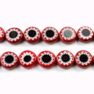 Glass Millefiori Bead - Flat Round 10x4MM ORANGE WHITE BLACK (38)
