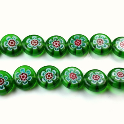 Glass Millefiori Bead - Flat Round 10x4MM GREEN WHITE RED (22)