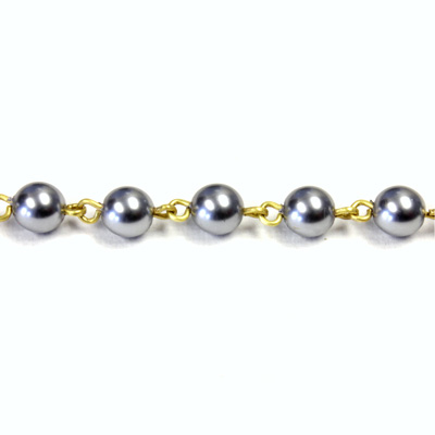 Linked Bead Chain Rosary Style with Glass Pearl Bead - Round 6MM GREY-Brass