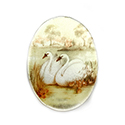 German Glass Porcelain Decal Painting - SWANS  Oval 40x30MM MATTE CRYSTAL MIRROR BASE