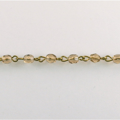 Linked Bead Chain Rosary Style with Glass Fire Polish Bead - Round 4MM SMOKE TOPAZ-Brass