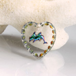 German Glass Engraved Buff Top Intaglio Pendant - DOLPHINS Heart 15x14MM CRYSTAL HELIO GREEN