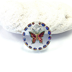 German Glass Engraved Buff Top Intaglio Pendant - Butterfly Round 15MM CRYSTAL HELIO RED