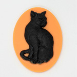 Plastic Cameo - Cat Sitting Oval 40x30MM BLACK ON ORANGE