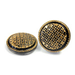 Glass Flat Back Engraved Button Top - Round Checker 22.5MM GOLD on JET