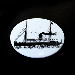 German Plastic Porcelain Decal Painting - Steamship Scrimshaw Style Oval 40x30MM BLACK ON CHALKWHITE BASE