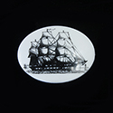 German Plastic Porcelain Decal Painting - Clipper ship Scrimshaw Style Oval 40x30MM BLACK ON CHALKWHITE BASE