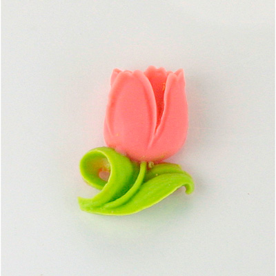 Plastic Carved Flower - Tulip with Leaf (Right) Carved Resin 22x15MM PINK with GREEN
