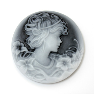 Plastic Cameo - Woman (R) Round 32MM GREY ON BLACK
