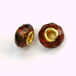 Glass Faceted Bead with Large Hole Gold Plated Center - Round 14x9MM DARK TOPAZ