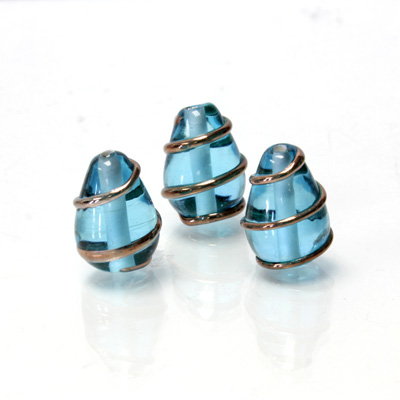 Czech Glass Lampwork Bead - Pear 15x10MM COPPER WRAP AQUA