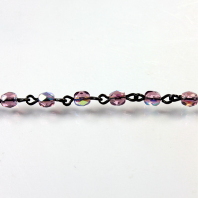 Linked Bead Chain Rosary Style with Glass Fire Polish Bead - Round 4MM AMETHYST AB-JET