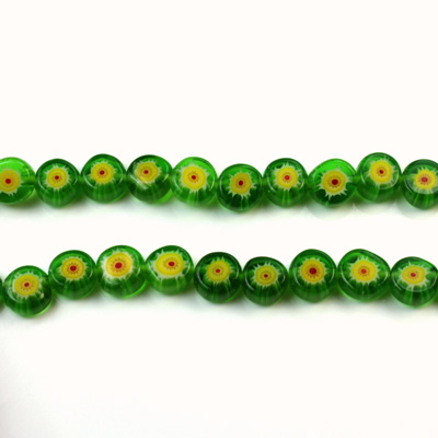 Glass Millefiori Bead - Flat Round 06x3MM GREEN YELLOW RED (12)