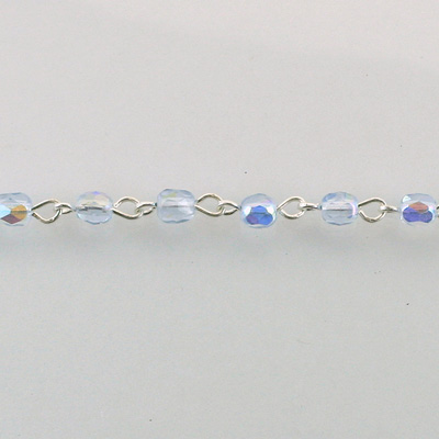 Linked Bead Chain Rosary Style with Glass Fire Polish Bead - Round 4MM LT SAPPHIRE AB-SILVER