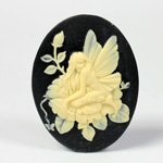 Plastic Cameo - Fairy on Flower Oval 40x30MM IVORY ON BLACK