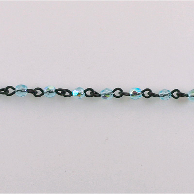 Linked Bead Chain Rosary Style with Glass Fire Polish Bead - Round 3MM AQUA AB-JET