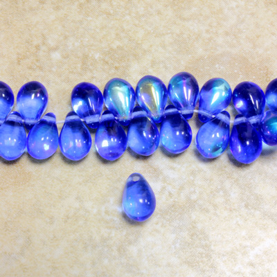 Czech Pressed Glass Pendant - Smooth Drop 9x6MM SAPPHIRE AB
