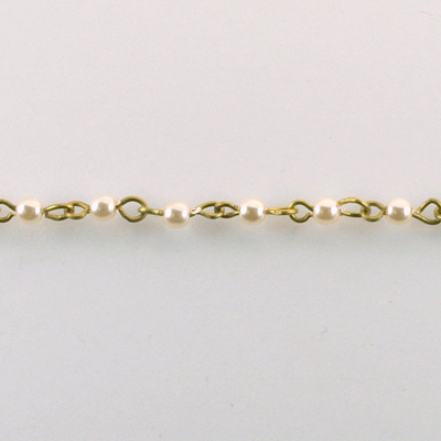 Linked Bead Chain Rosary Style with Glass Pearl Bead - Round 3MM WHITE-Brass