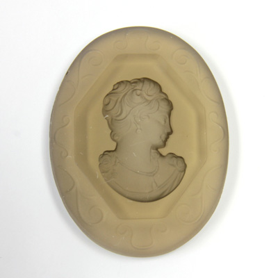 German Glass Flat Back Reverse Carved Intaglio Back Woman's Head - Oval 40x30MM MATTE LT SMOKE TOPAZ