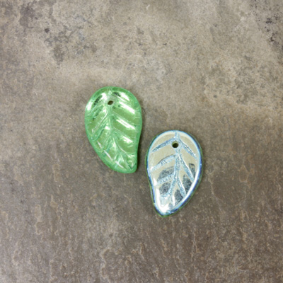 Czech Pressed Glass Engraved Pendant - Leaf 14x9MM PERIDOT AB
