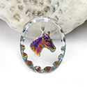 German Glass Engraved Buff Top Intaglio Pendant - Horse Head Oval 18x13MM CRYSTAL HELIO BLUE