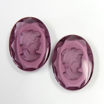 German Glass Flat Back Reverse Carved Intaglio Back Woman's Head - Oval 25x18MM AMETHYST