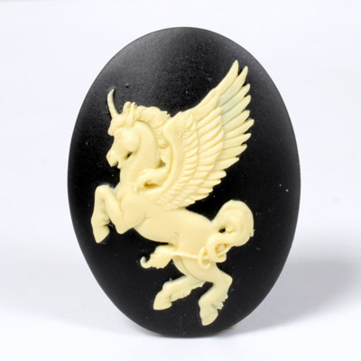 Plastic Cameo - Unicorn with Wings Oval 40x30MM IVORY ON BLACK