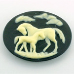 Plastic Cameo - Horses Oval 40x30MM IVORY ON BLACK