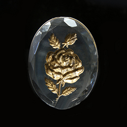 German Plastic Flat Back Reverse Intaglio Back- Rose- Oval 40x30MM GOLD on CRYSTAL