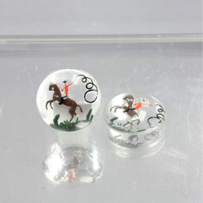 Glass Crystal Painting with Carved Intaglio Cowboy on Horse - Round 13MM  NATURAL on CRYSTAL
