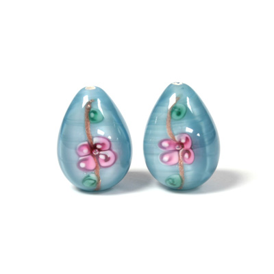 Czech Glass Lampwork Bead - Pear Smooth 18x12MM Flower PINK ON AQUA (04880)