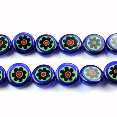 Glass Millefiori Bead - Flat Round 10x4MM LT BLUE GREEN BLACK RED (26)