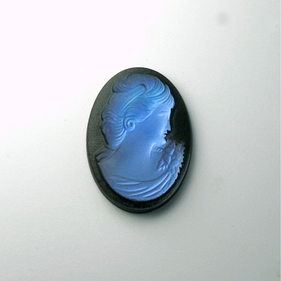 German Glass Cameo Woman Oval 25x18MM MATTE SAPPHIRE ON JET