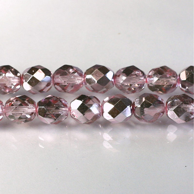 Czech Glass Fire Polish Bead - Round 08MM 1/2 Coated CRYSTAL/LT PINK
