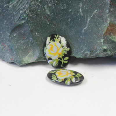 Japanese Glass Porcelain Decal Painting - Rose Oval 14x10MM YELLOW ON JET