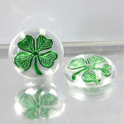 Glass Crystal Painting with Carved Intaglio 4 Leaf Clover - Round 18MM  NATURAL on CRYSTAL