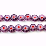 Glass Millefiori Bead - Flat Round 08x4MM LILAC WHITE RED (42)