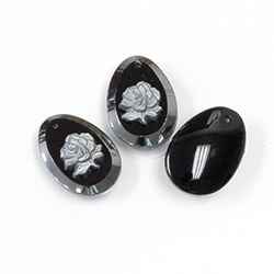 German Glass Engraved Cameo Rose Pendant - Pearshape 20x14MM HEMATITE no JET