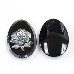 German Glass Engraved Cameo Rose Pendant - Pearshape 33x24MM HEMATITE ON JET