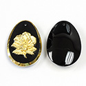 German Glass Engraved Cameo Rose Pendant - Pearshape 33x24MM GOLD on JET