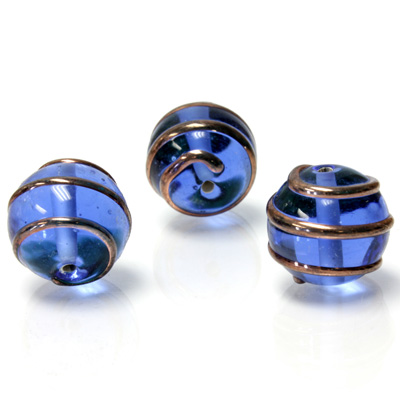 Czech Glass Lampwork Bead - Round 14MM COPPER WRAP COBALT