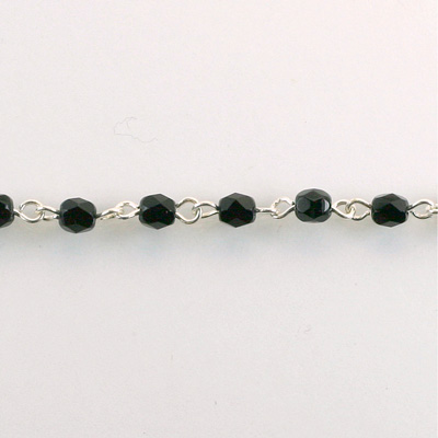 Linked Bead Chain Rosary Style with Glass Fire Polish Bead - Round 4MM JET-SILVER
